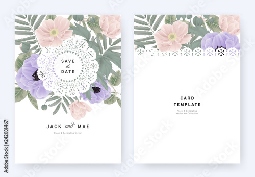 Floral wedding invitation card template design, pink and purple anemone flowers and leaves with lace frame on white background, pastel vintage theme