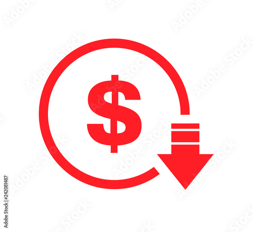 Cost reduction- decrease dollar icon. Vector symbol image isolated on background .