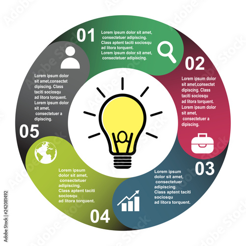 5 steps vector element in five colors with labels, infographic diagram. Business concept of 5 steps or options with light bulb