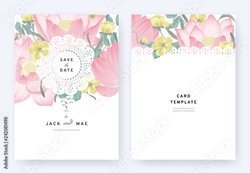 Fototapeta Naklejka Na Ścianę i Meble -  Floral wedding invitation card template design, pink lotus flowers and leaves with lace frame on white background, pastel vintage theme