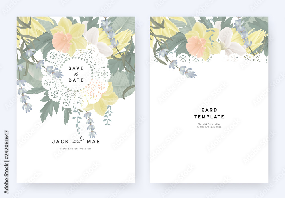 Floral wedding invitation card template design, daffodils, lavenders, Champaka flowers and leaves with lace frame on white background, pastel vintage theme Floral wedding invitation card template design, daffodils, lavenders, Champaka flowers and leaves with lace frame on white background, pastel vintage theme
