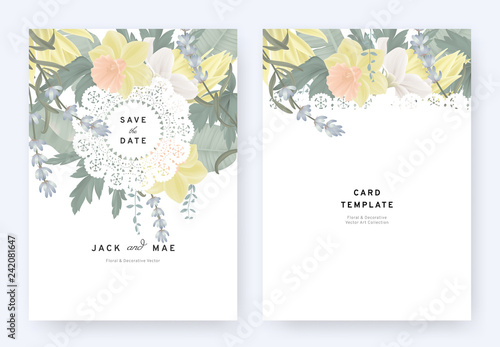 Floral wedding invitation card template design, daffodils, lavenders, Champaka flowers and leaves with lace frame on white background, pastel vintage theme