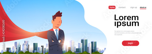 businessman wearing red super hero cape representing business power and courage leadership success concept over big modern city skyscraper cityscape horizontal copy space