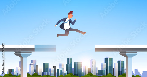 businessman jumping over gap broken bridge abyss business man leaping between two parts highway modern city skyscraper cityscape background flat horizontal