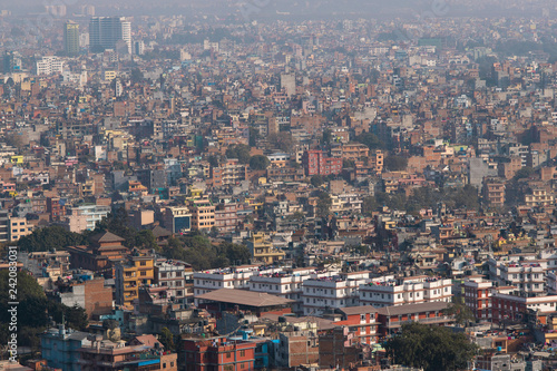 Wide view of the dense city of Kathmandu, Nepal.