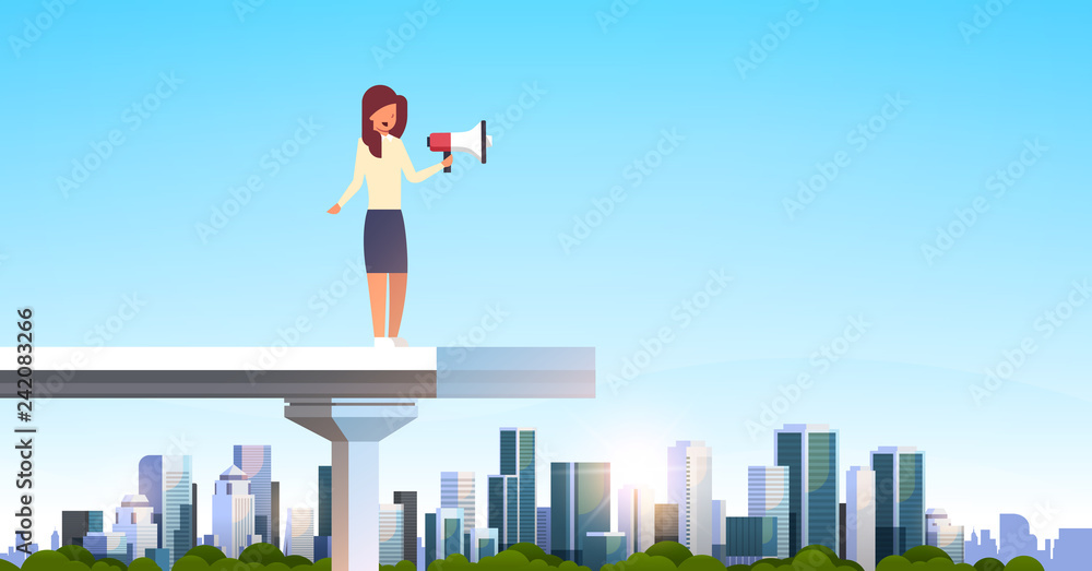 businesswoman announcer holding loudspeaker standing edge broken bridge business woman leadership announcement concept over modern city skyscraper cityscape horizontal