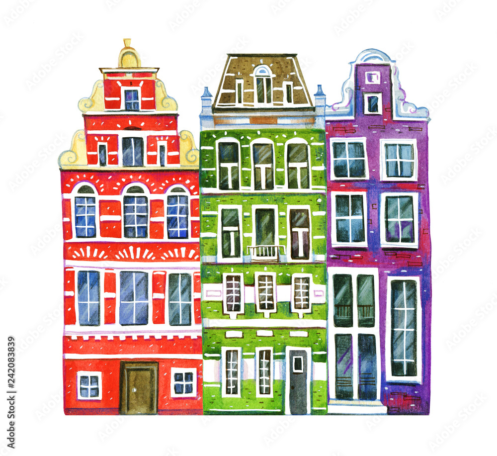 Watercolor old stone europe houses. Three Amsterdam buildings - facades. Hand drawn cartoon  illustration on white background