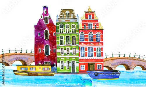 Canvas Print Amsterdam watercolor hand drawn illustration