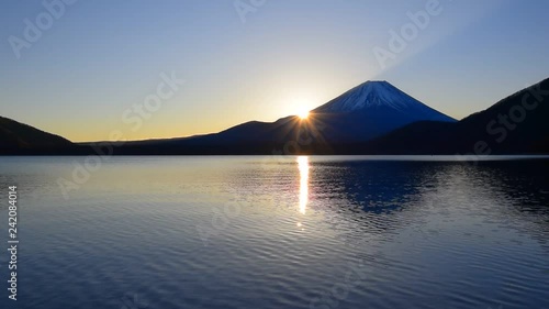 Mount Fuji and Sunrise from Lake Motosu Japan wide panorama 01/07/2019