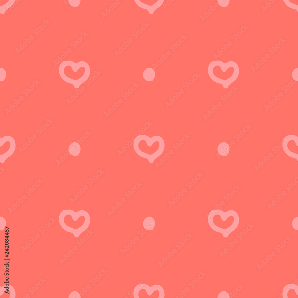 Abstract seamless vector with hearts on coral color background.