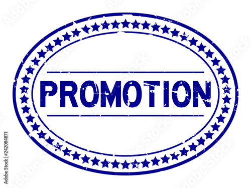 Grunge blue promotion word oval rubber seal stamp on white background