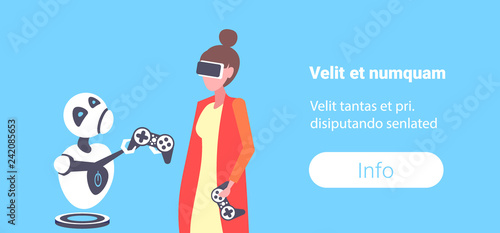 businesswoman vs sad robot playing video game holding controller virtual reality glasses artificial intelligence assistance technology concept horizontal copy space