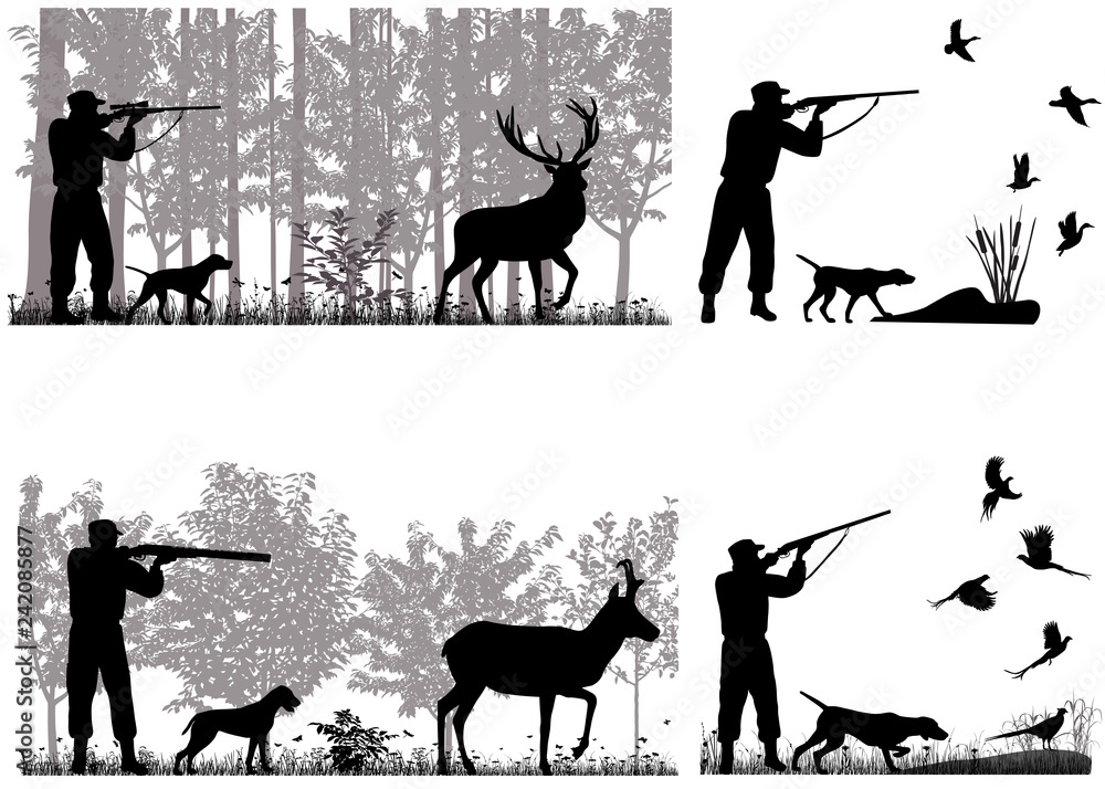 man-with-dog-is-hunting-for-deer-pronghorn-ducks-and-pheasants-stock