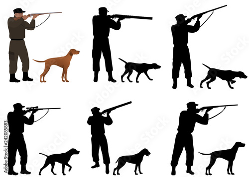 Tablou canvas Collection of silhouettes of hunters with dogs