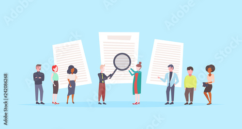 people holding magnifying glass choosing cv profile resume businesspeople to hire curriculum vitae recruitment candidate job position flat blue background