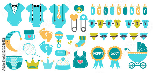 Baby shower icon vector set  pastel blue colors