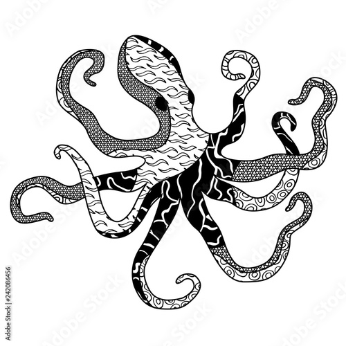 Black and white octopus silhouette with patterns. Isolated on white background.
