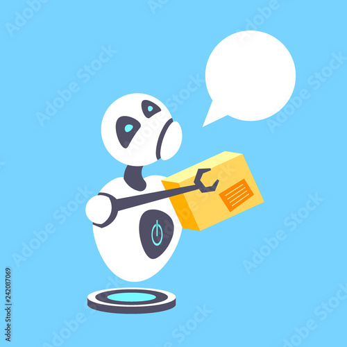 tired courier robot holding cardboard parcel box delivery service artificial intelligence robotic technology concept sad cyborg bot chat bubble communication flat