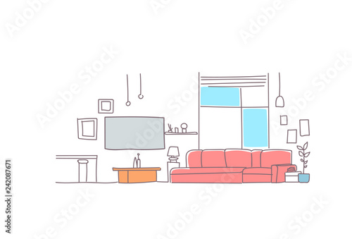 modern living room interior empty house furniture sketch doodle horizontal