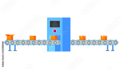 The industrial factory conveyor belt on packing in flat style design vector illustration isloated on white background. Automatic packagind on the factory plant. Industrial computer, belt and boxes. photo