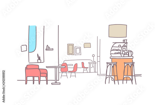 modern family cafe interior empty restaurant room furniture sketch doodle horizontal