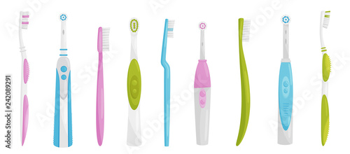 Flat vector set of electric and manual toothbrushes. Personal items for cleaning teeth. Health and oral hygiene theme