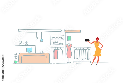 woman taking selfie fashion shop modern boutique female clothes shopping mall interior super market sketch doodle horizontal