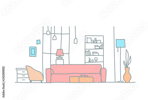 modern living room interior empty house furniture sketch doodle horizontal