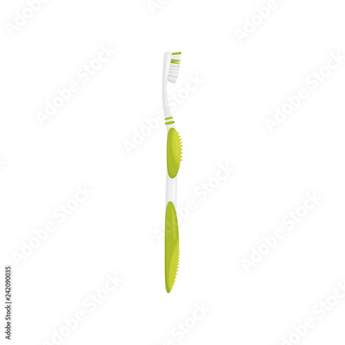 Flat vector icon of plastic toothbrush with soft bristles. Brush for cleaning teeth. Health and personal care theme