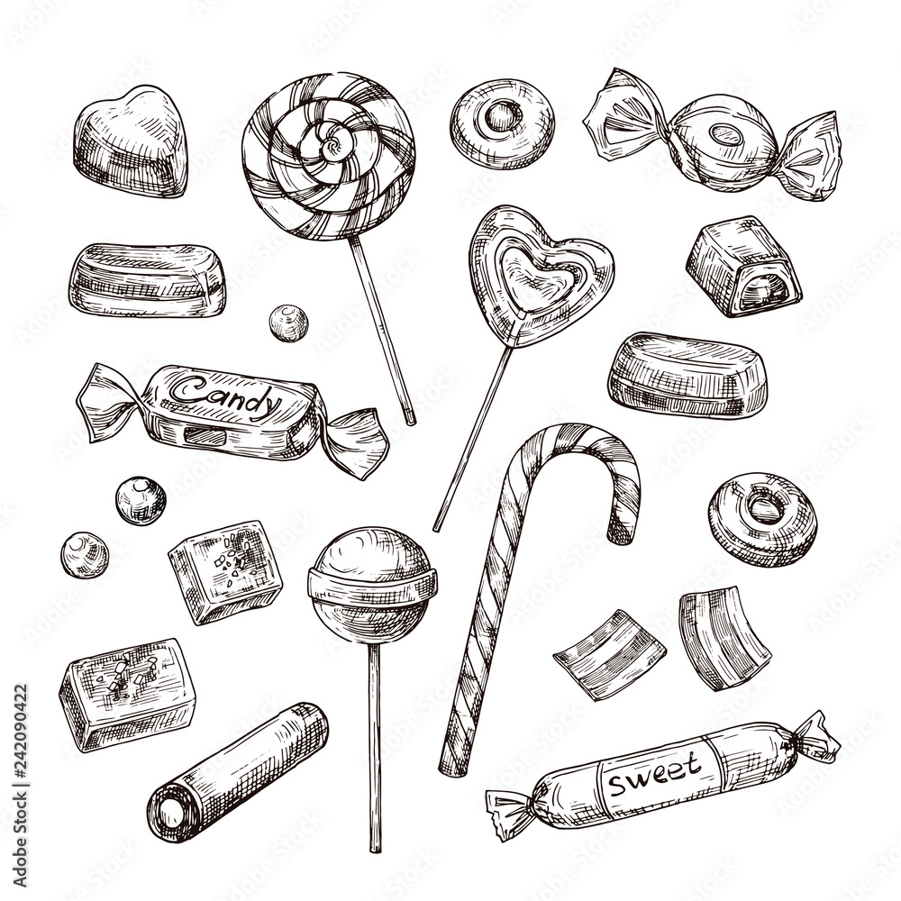 Hand drawn candies. Chocolate candy, lollipop and marmalade, sweets. Vintage  sketch vector set of lollipop and candy, chocolate dessert and marmalade  illustration Stock Vector | Adobe Stock