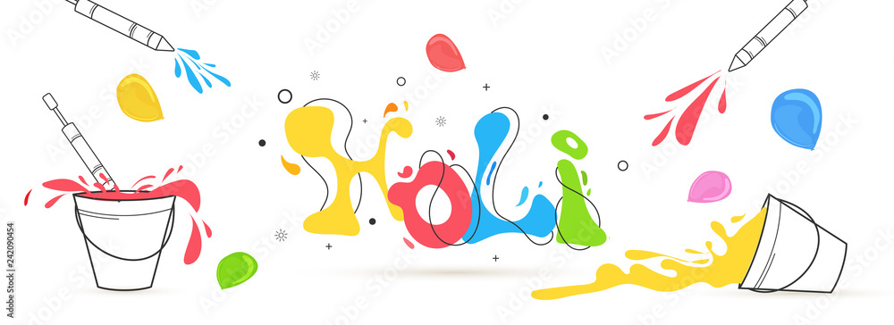 Fototapeta premium Creative header design with colorful text and line art illustration of festival elements on color splash background for holi festival celebration.