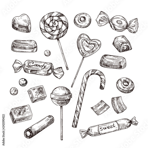 Hand drawn candies. Chocolate candy, lollipop and marmalade, sweets. Vintage sketch vector set of lollipop and candy, chocolate dessert and marmalade illustration