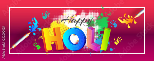 3D colorful text holi on glossy halftone background  festival of colors celebration header or banner design.