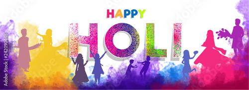 Creative text holi with people celebrating holi festival on watercolor splash background. Indian festival of colors celebration header or banner design.