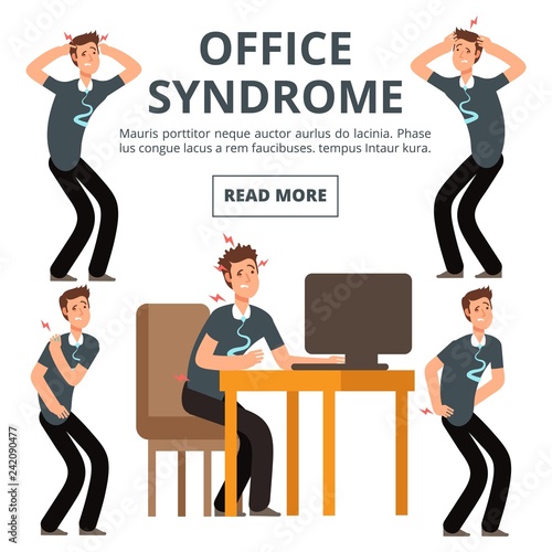 Office syndrome symptoms of set vector illustration. Syndrome body pain exercise