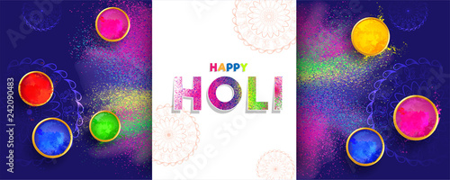 Festival of colors holi celebration poster or banner design with top view of color bowl on blue splash background.