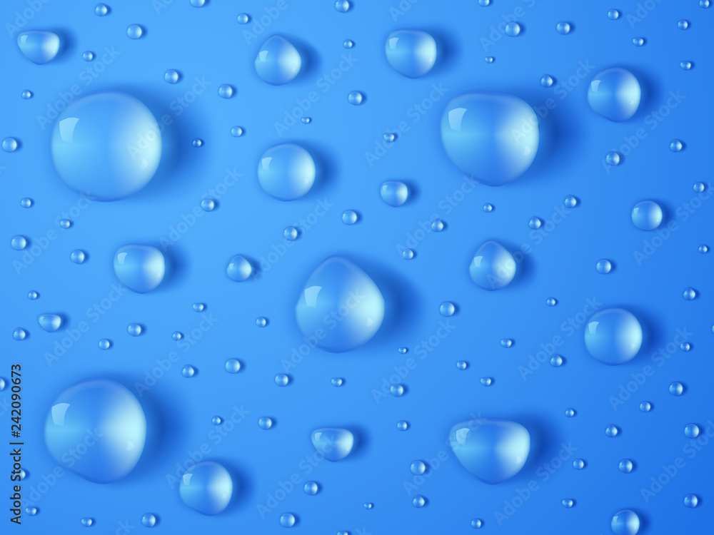 Realistic water drop. Rain droplet splashes, transparent teardrops. Closeup rain drops on wet surface. Vector texture. Droplet on glass, transparent wet drop illustration