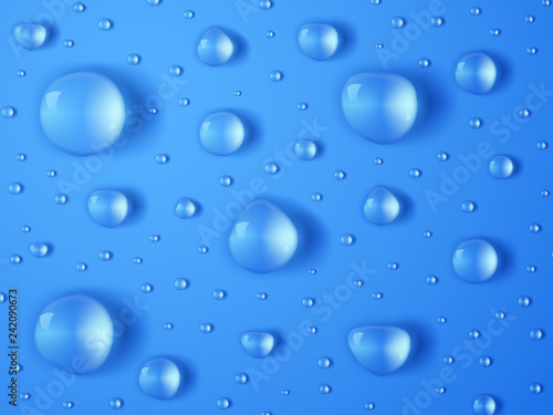 Realistic water drop. Rain droplet splashes, transparent teardrops. Closeup rain drops on wet surface. Vector texture. Droplet on glass, transparent wet drop illustration