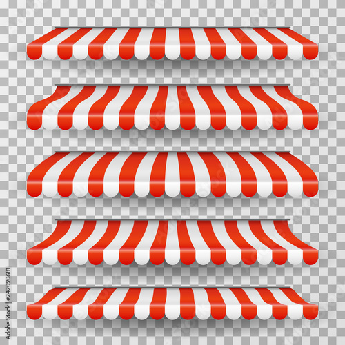 Store awning. Grocery market striped roofs. Red and white shop canopy. Restaurant window tent vector isolated set. Awning market striped for store and shop illustration
