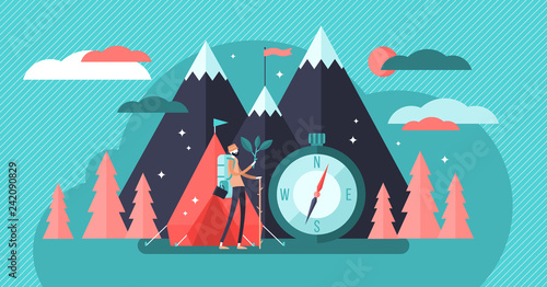 Camping vector illustration. Flat tiny outdoor person with backpack concept
