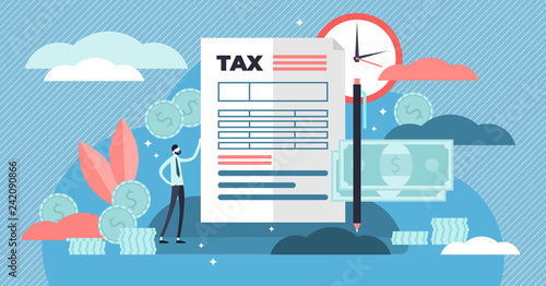 Taxes vector illustration. Flat tiny person concept with payment time delay