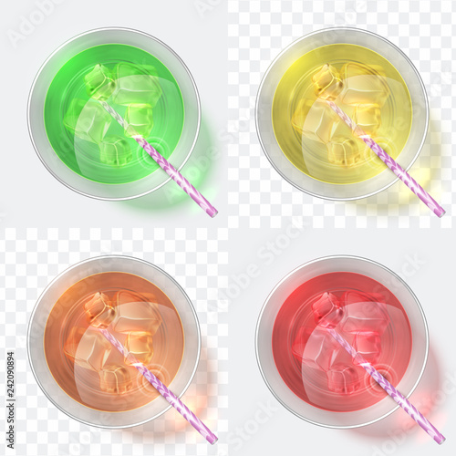 Top view cocktails. Glass with fresh juice and drink with staw. Iced beverage vector set. Illustration of glass juice cocktail, alcohol beverage