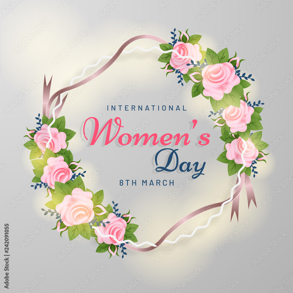 Beautiful rose flower decorated template or flyer design for International Womens Day celebration.