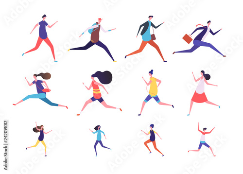 Running people. Flat man and woman  business persons and kids run. Flat vector runner jogging characters set. Illustration of run man and woman  runner girl boy