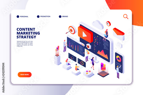 Content marketing landing page. Contents creation specialist and article writers. Writing service isometric concept. Illustration of article write copywriting for website