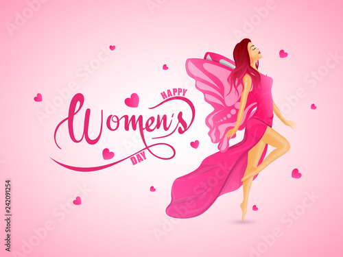 Beautiful girl character in angel costume with stylish lettering of women's day on glossy pink background. Poster or banner design.