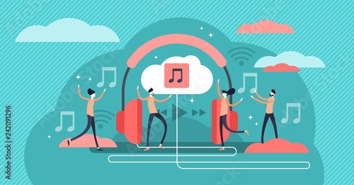 Streaming music vector illustration. Tiny persons concept with headphones.
