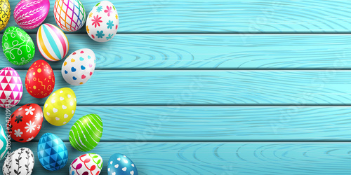 Handmade painted easter eggs on wood background.Colorful holiday decoration on wood table top view with copy spac..Easter eggs with different texture.Vector illustration EPS10