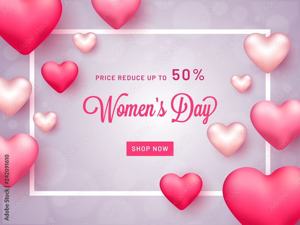 Women's Day banner or poster design with 50% discount offer on glossy background decorated with heart shapes.