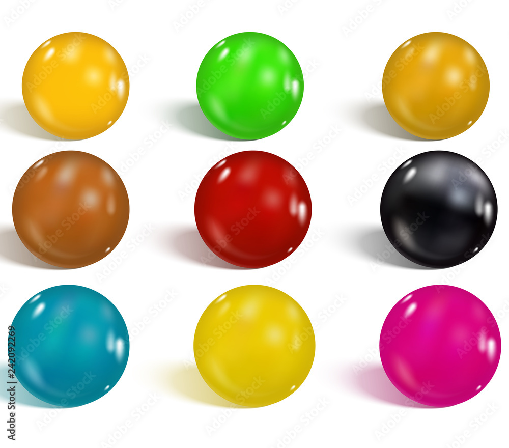 Collection of colorful glossy spheres isolated on white. Realistic gradient mesh. Colorful soft round buttons or vivid color spheres. Vector illustration for your design.